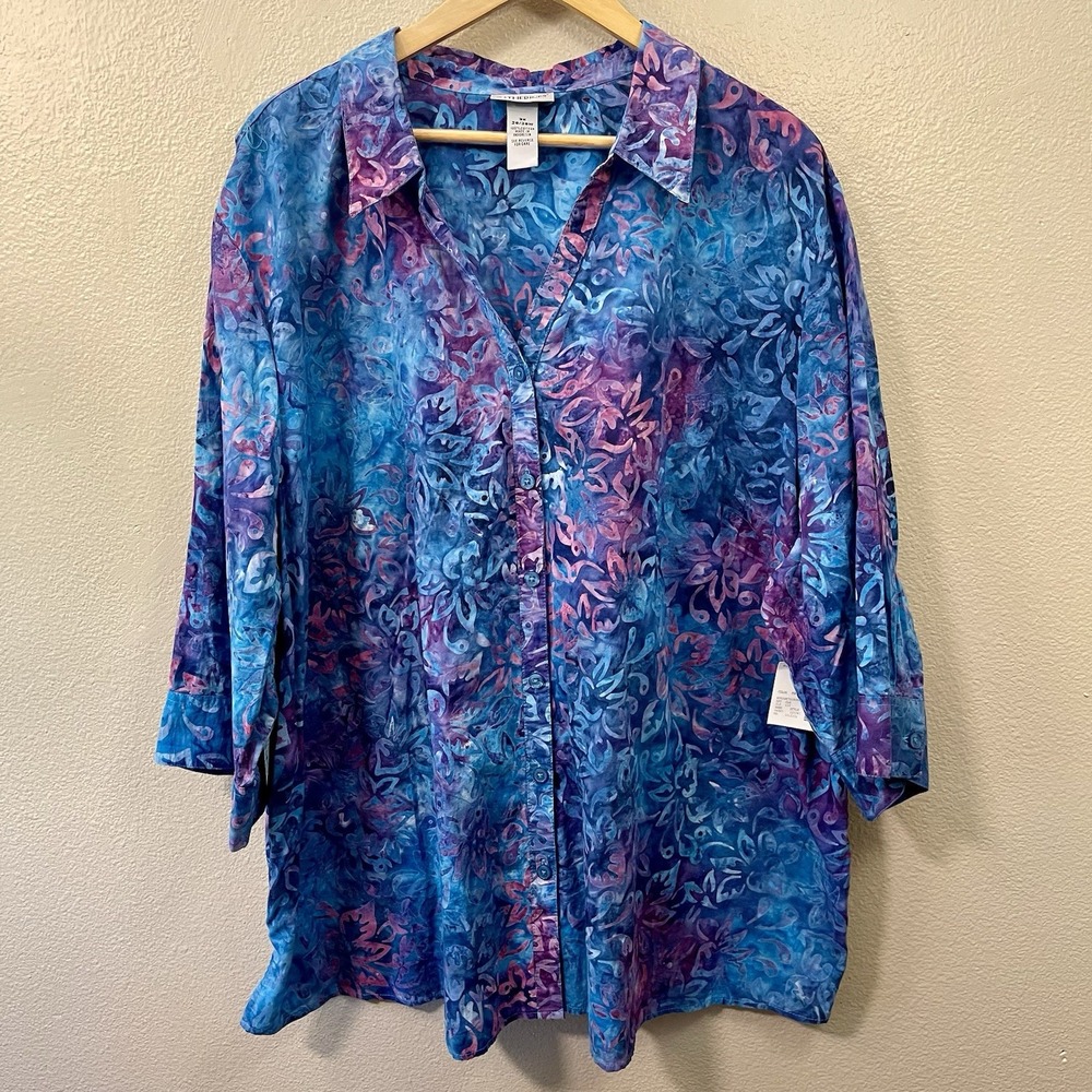 NEW Catherine's Colorful Floral Cotton Shirt Button Up Batik Blue Purple Size 3X